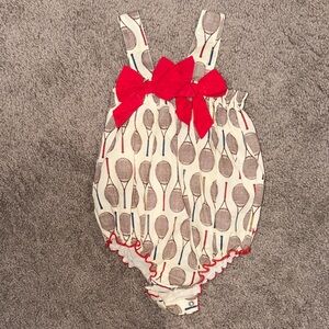 Pink Chicken Cream Tennis Racket Print One-Piece with Red Bows